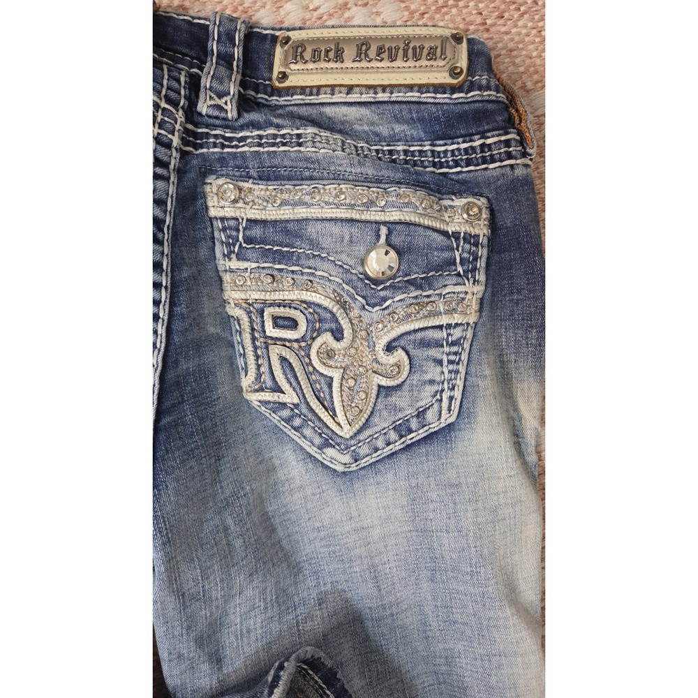 Y2K Rock Revival Jeans Womens 26 Boot Cut Sundee Embroidered Blue Distressed - Picture 2 of 5
